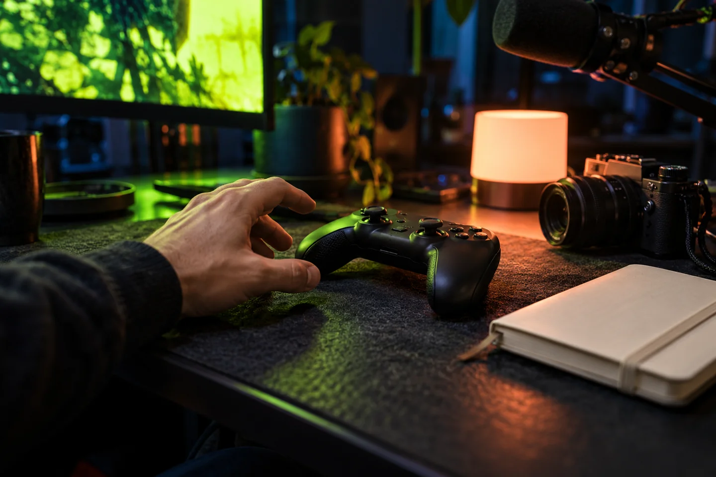 Fiktives Creator-Setup mit Controller, Kamera, Notizbuch und limefarbenem Bildschirmlicht