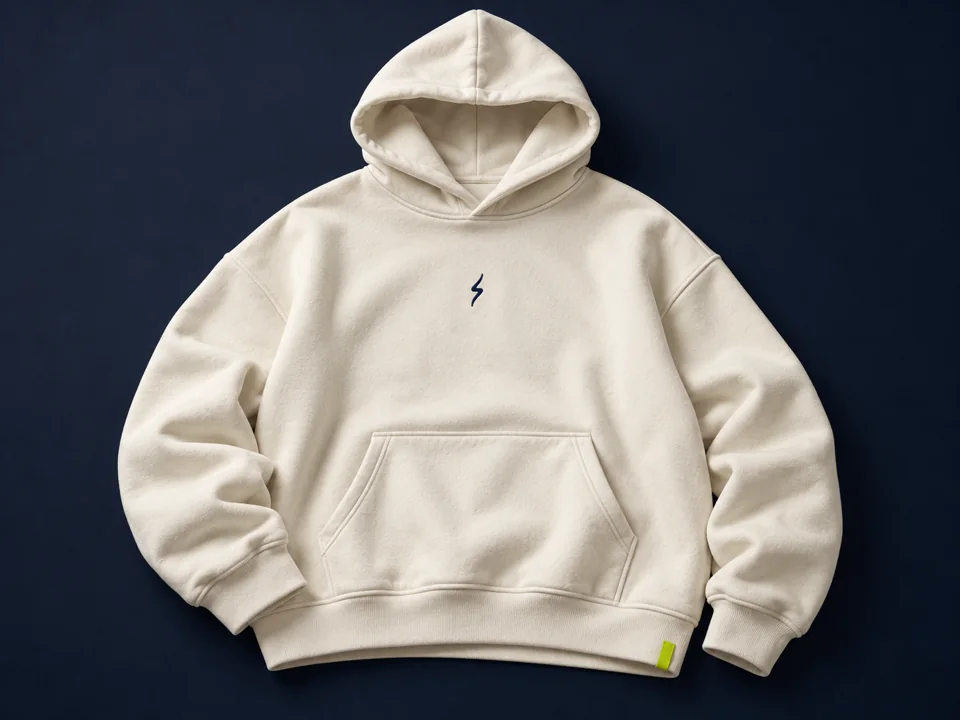 Cremefarbener Demo-Hoodie mit kleinem navyfarbenem Blitz und limefarbenem Etikett
