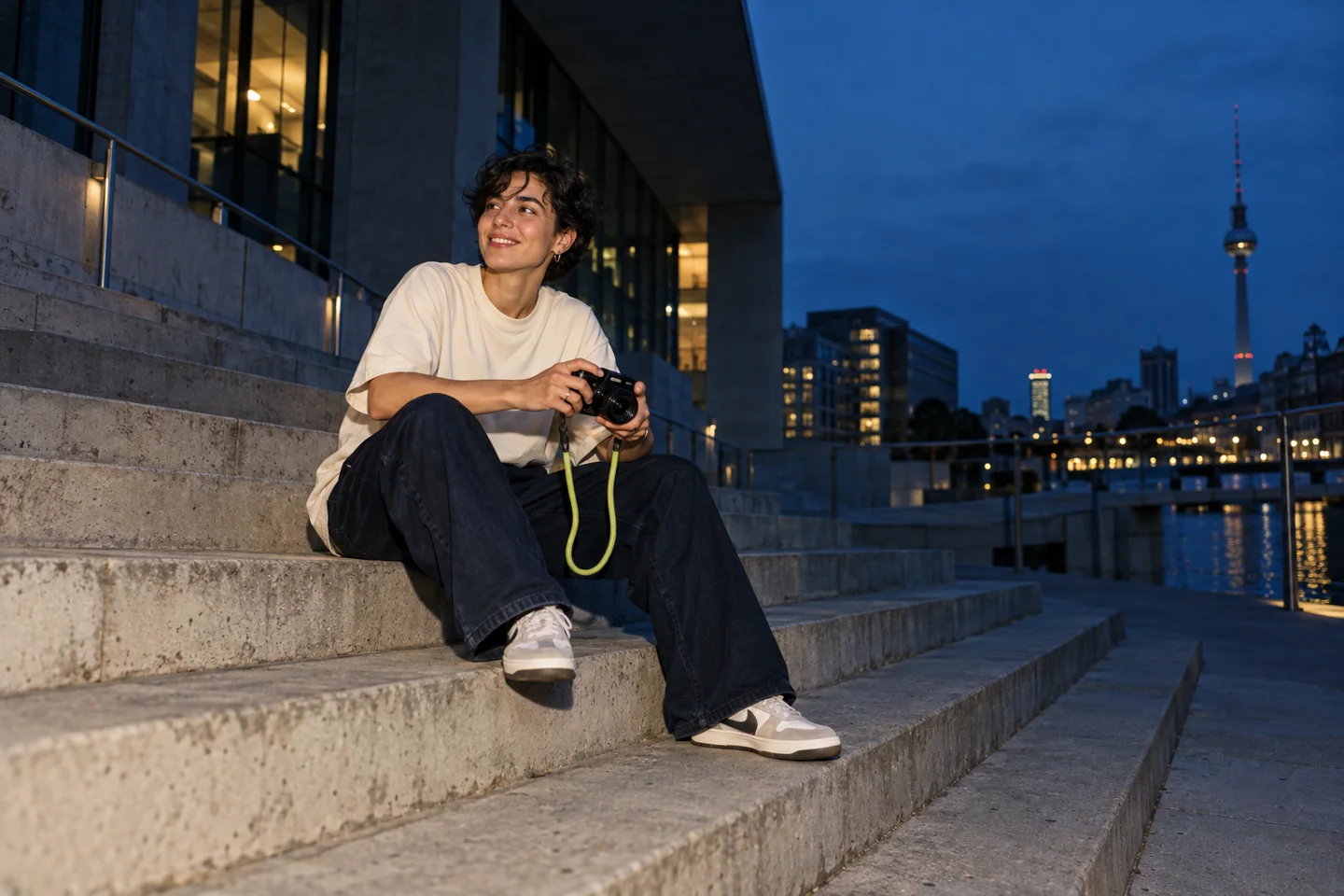 Fiktive Person Mika Flux mit Kamera auf einer Betontreppe