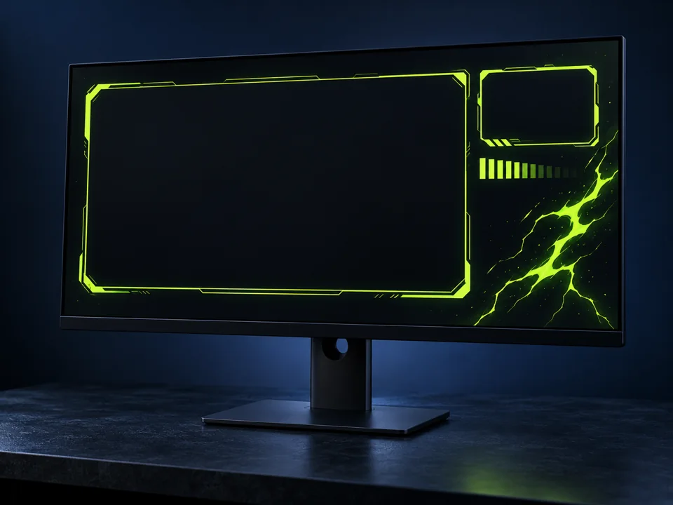 Monitor mit einem fiktiven limefarbenen Stream-Overlay