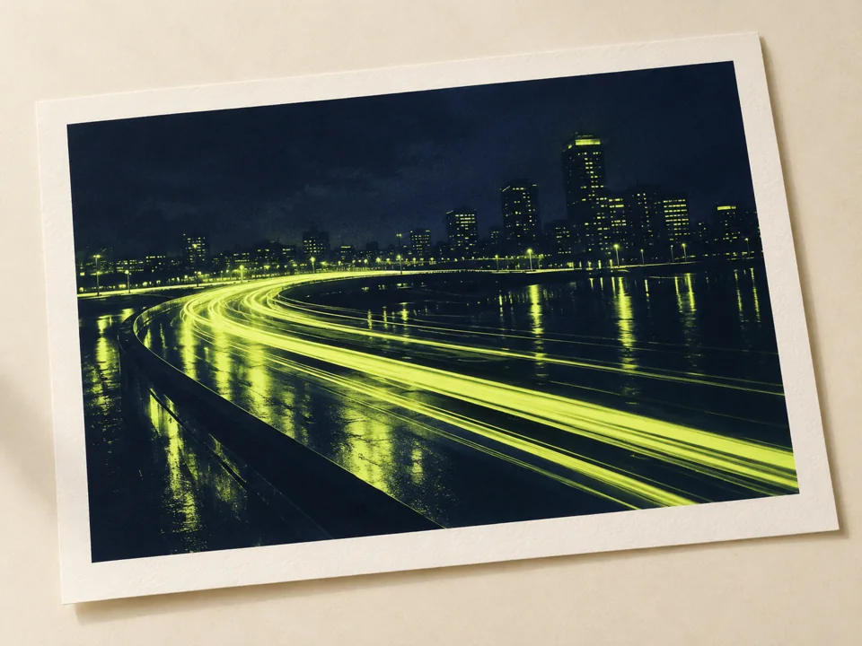 Fiktiver Kunstdruck mit limefarbenen Lichtspuren auf dunklem Hintergrund