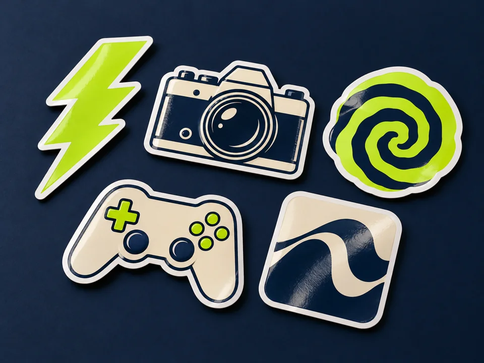 Fünf fiktive navy-, creme- und limefarbene Vinylsticker