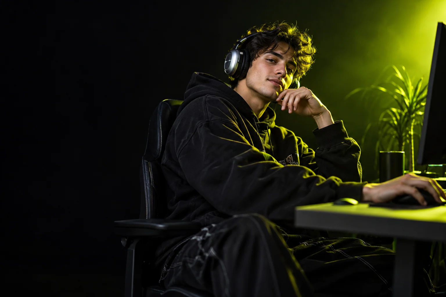 Fiktiver Gaming-Creator mit Kopfhörern in einem dunklen Studio mit limefarbenem Licht